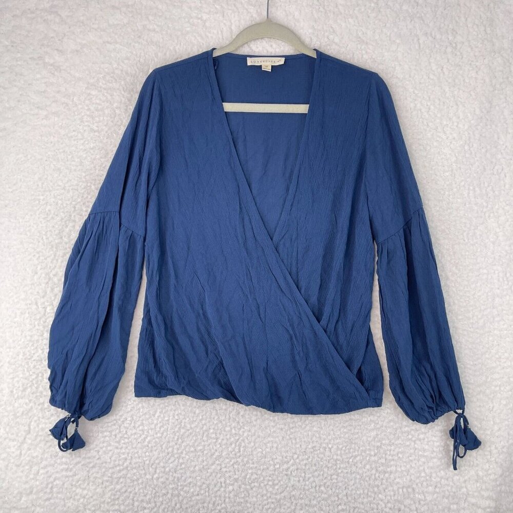 Lovestich Navy Blue Crepe Wrap Shirt Womens Long Sleeve Tassel Size Medium